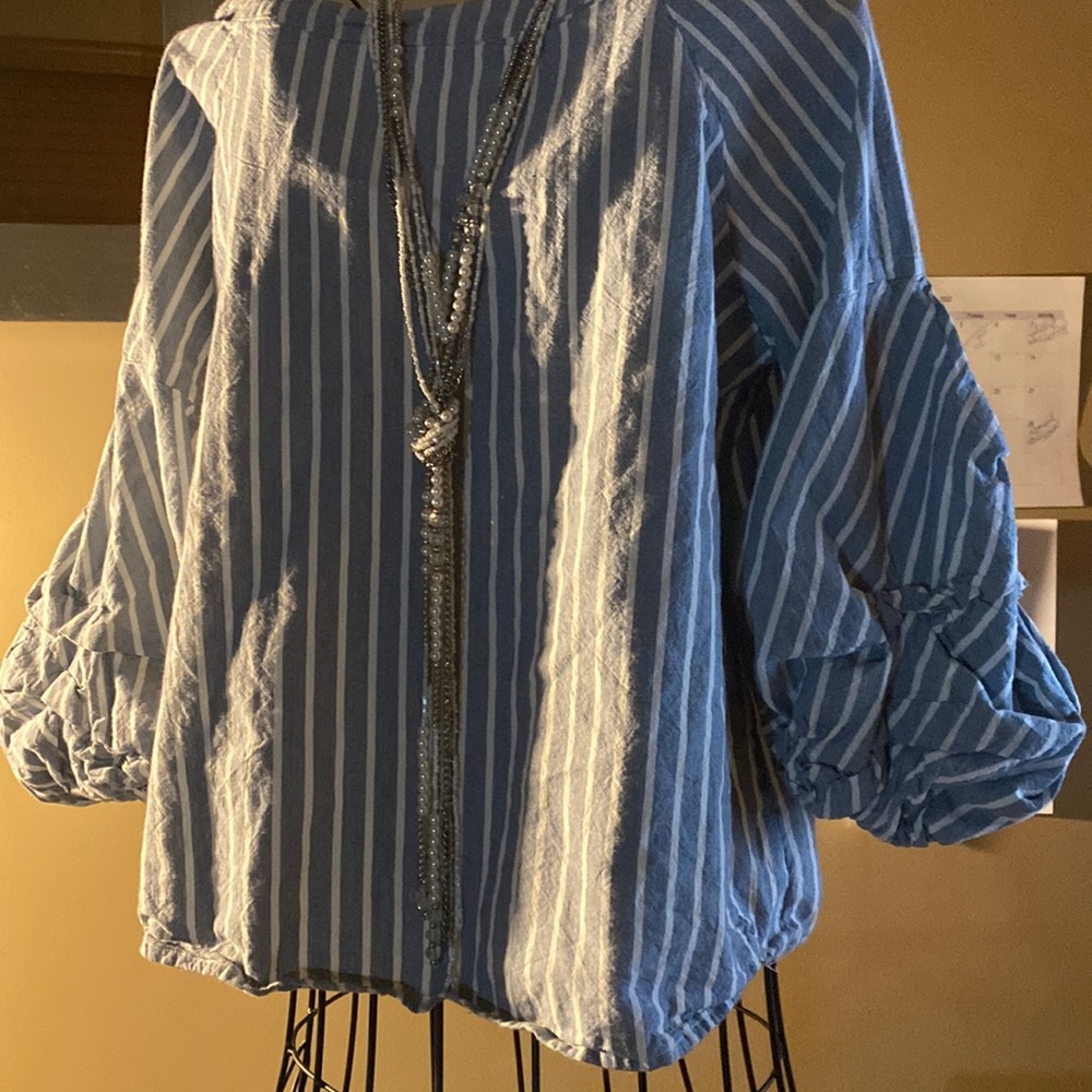 100% Cotton Blue and White Bell Sleeve Shirt. The necklace is not for sale.